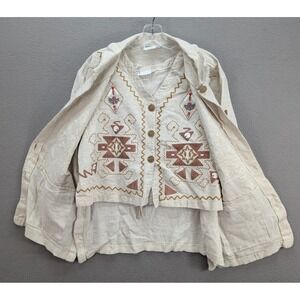 SAINT GERMAIN Linen Embroidered Geometric Top Blazer Jacket 2 Piece USA Womens M